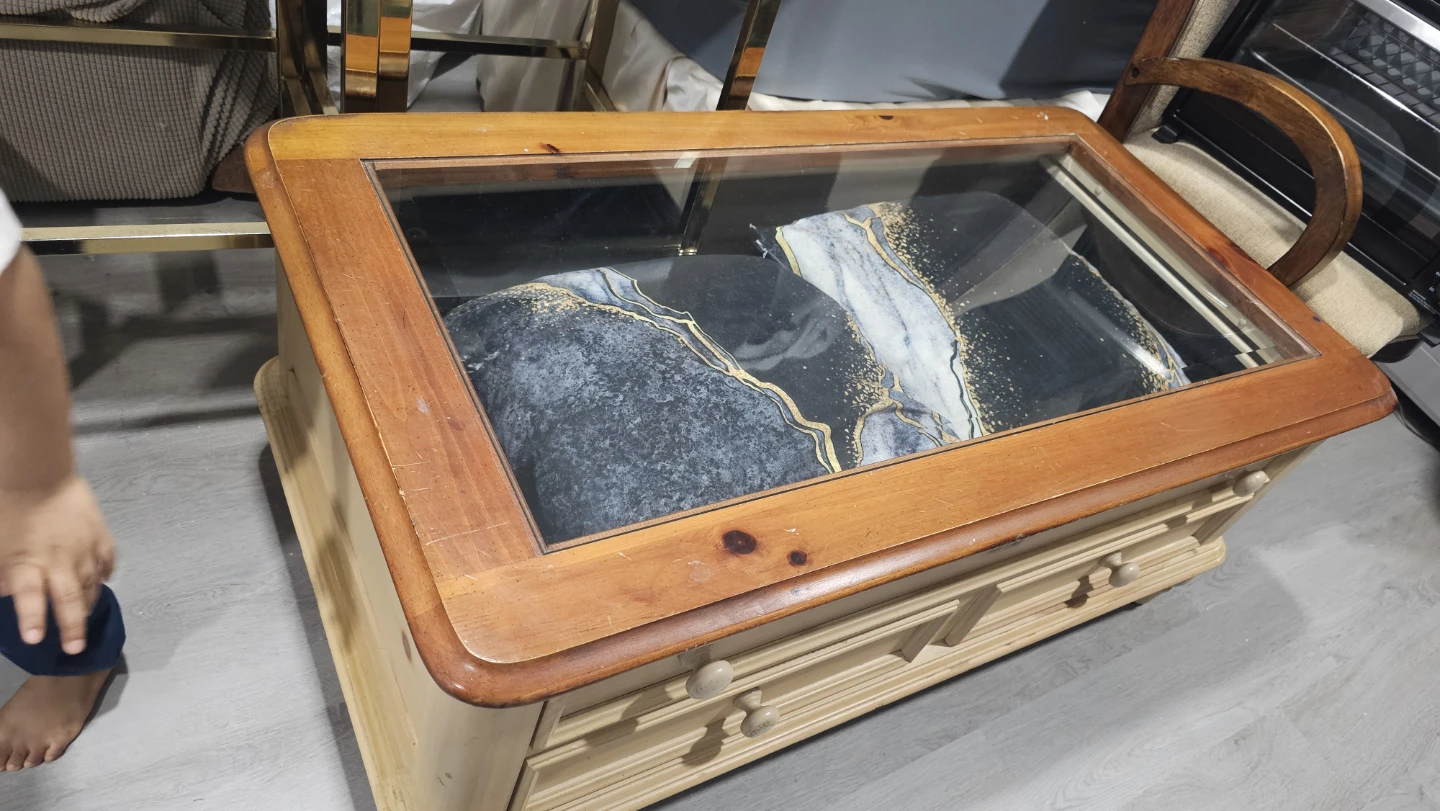 Vintage Wood Coffee Table with Glass Top and Drawers