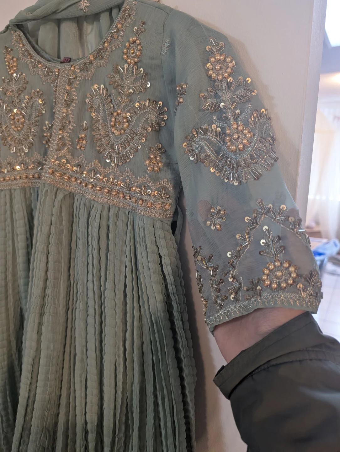 Girl's Embellished Teal Dress with Pants and Scarf - photo 2
