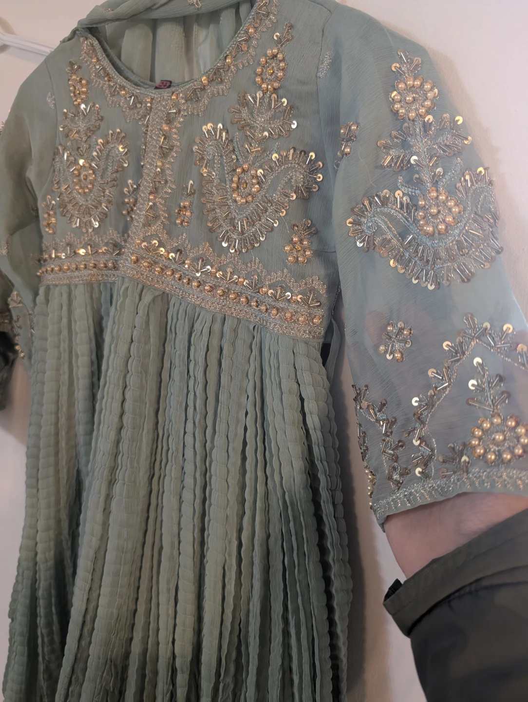 Girl's Embellished Teal Dress with Pants and Scarf - photo 5