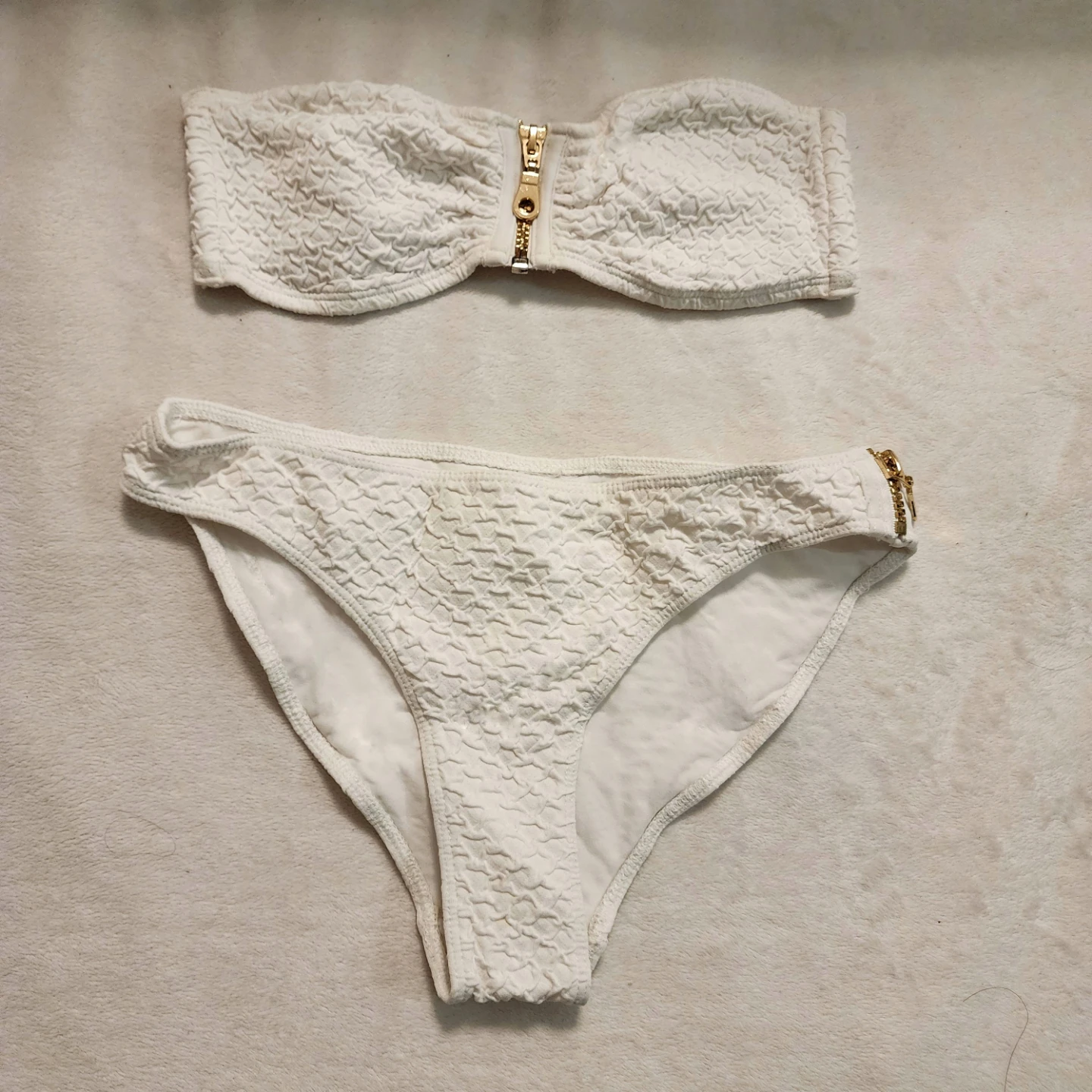 White Strapless Bikini Set with Gold Zipper Accent small