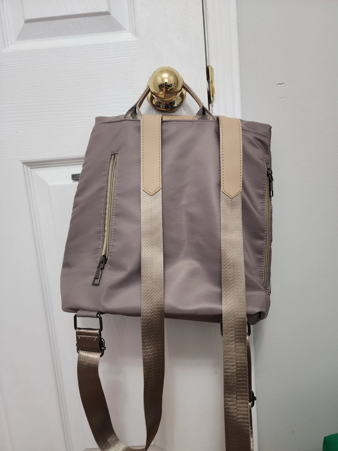 Quilted Nylon Backpack - Taupe & Tan - Water Resistant - photo 2