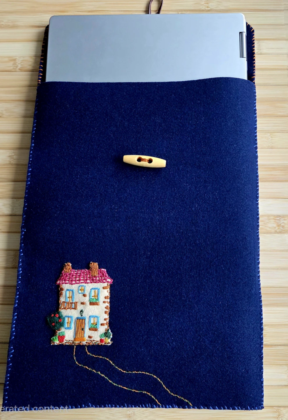 Handmade Felt Laptop Sleeve with Embroidered House - photo 3