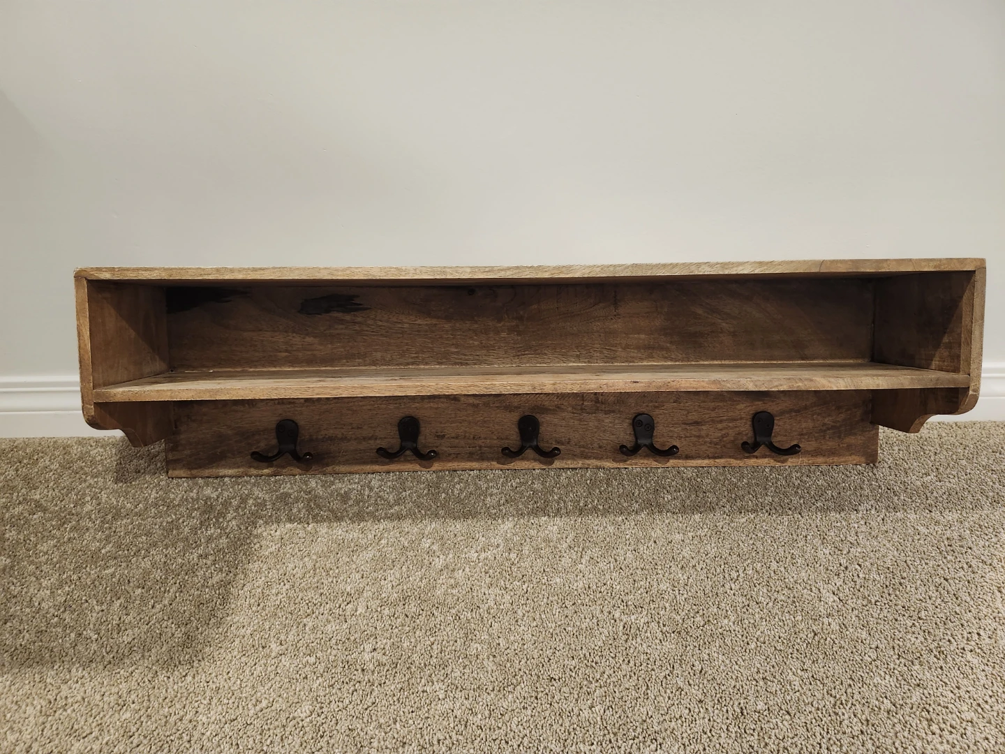 Wooden Wall Shelf with 5 Hooks