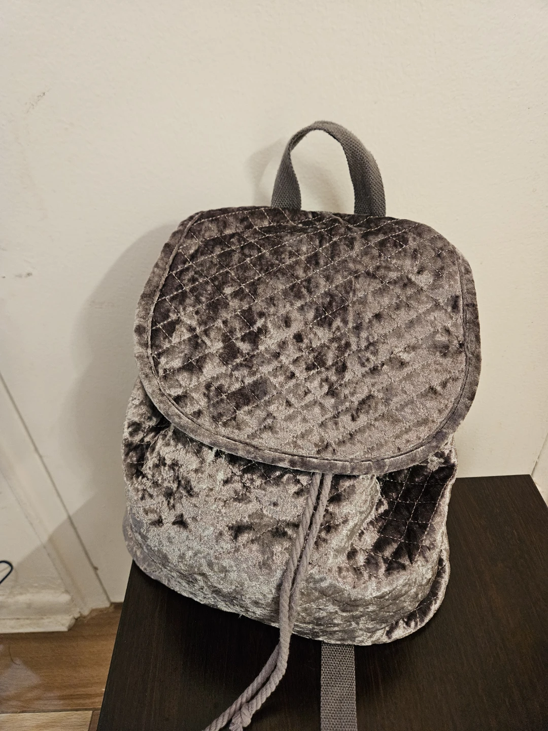 Grey Velvet Quilted Backpack