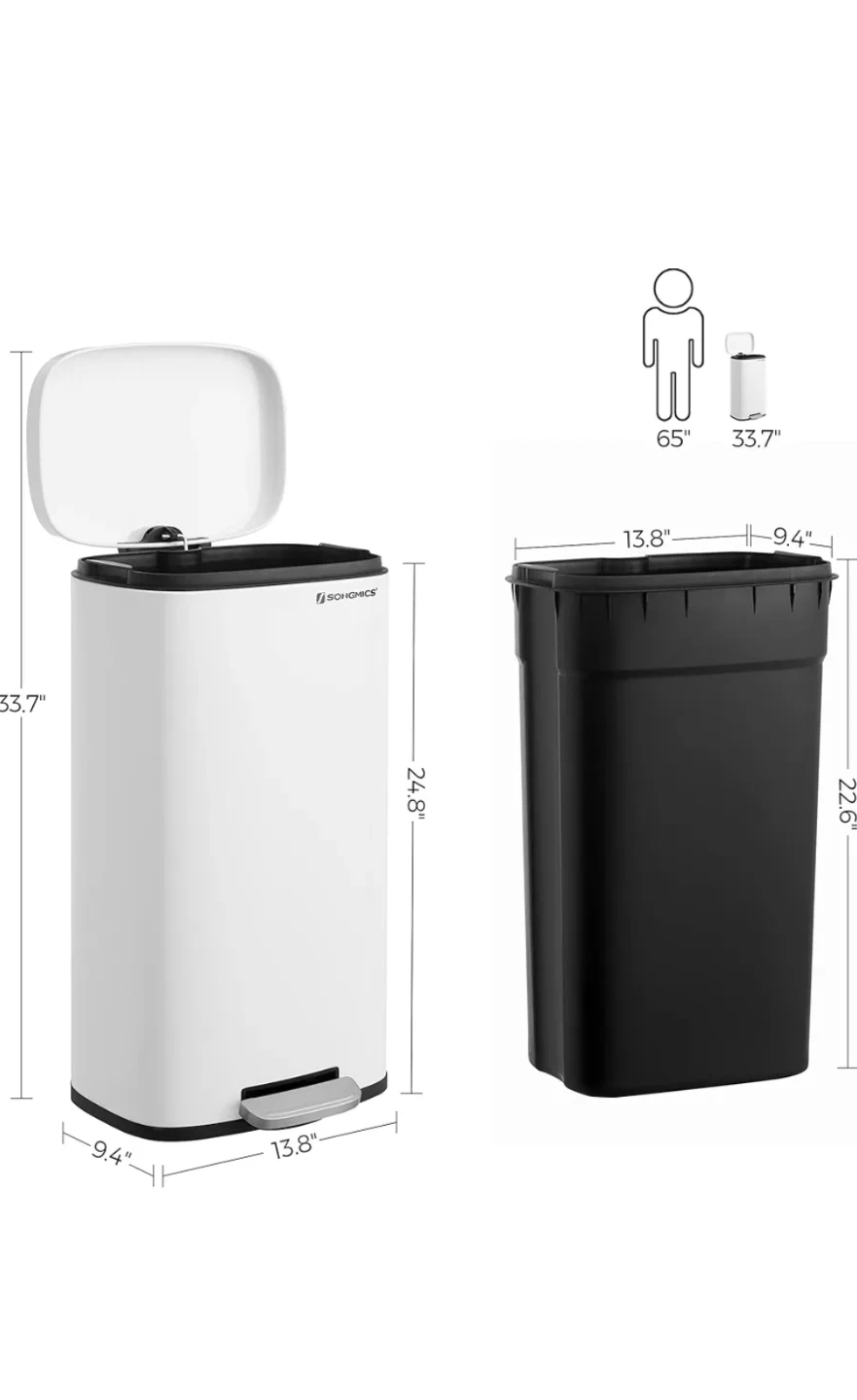 SONGMICS 13.8" x 9.4" x 33.7" White Step Trash Can