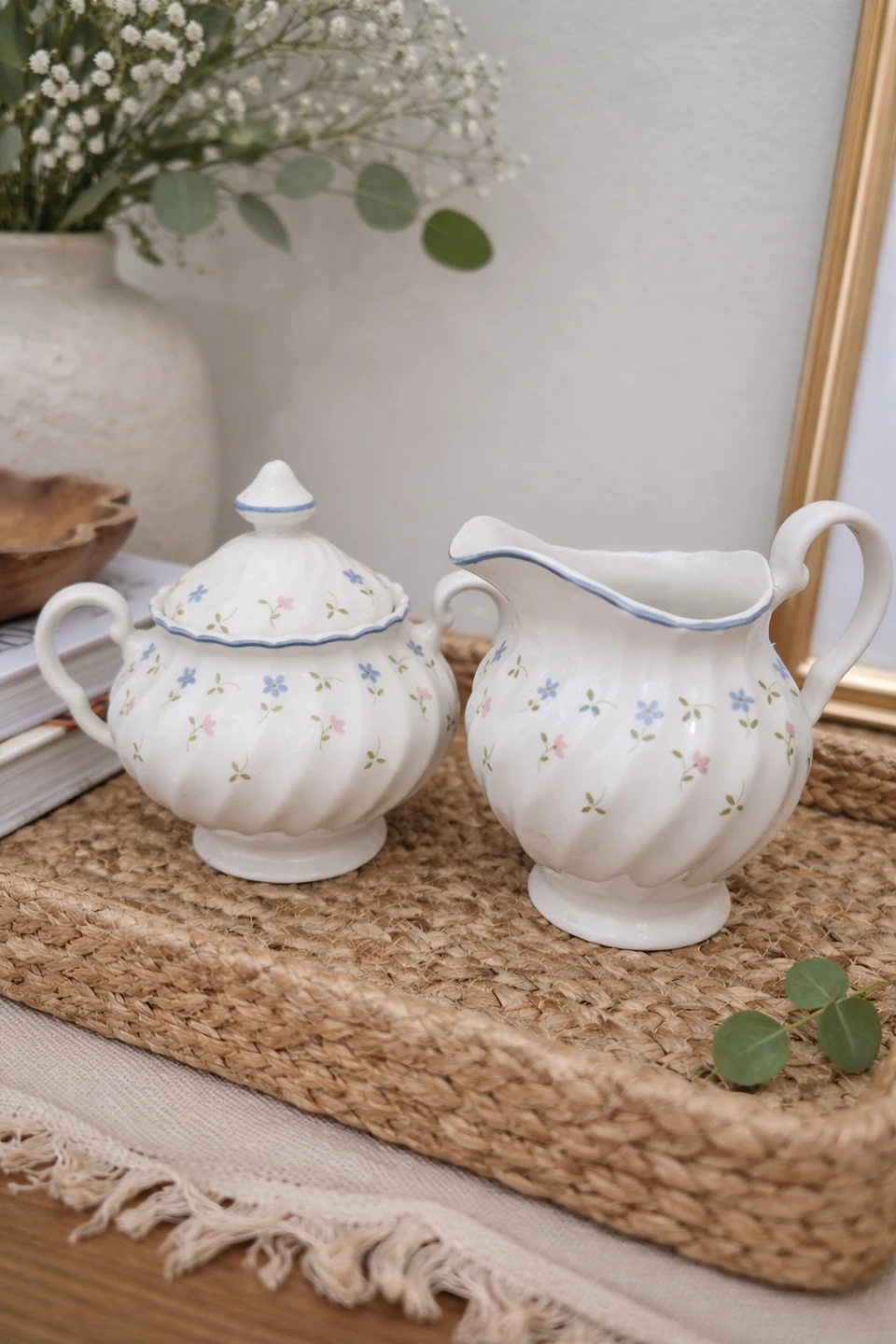 Ceramic Creamer and Sugar Bowl Set with Floral Design