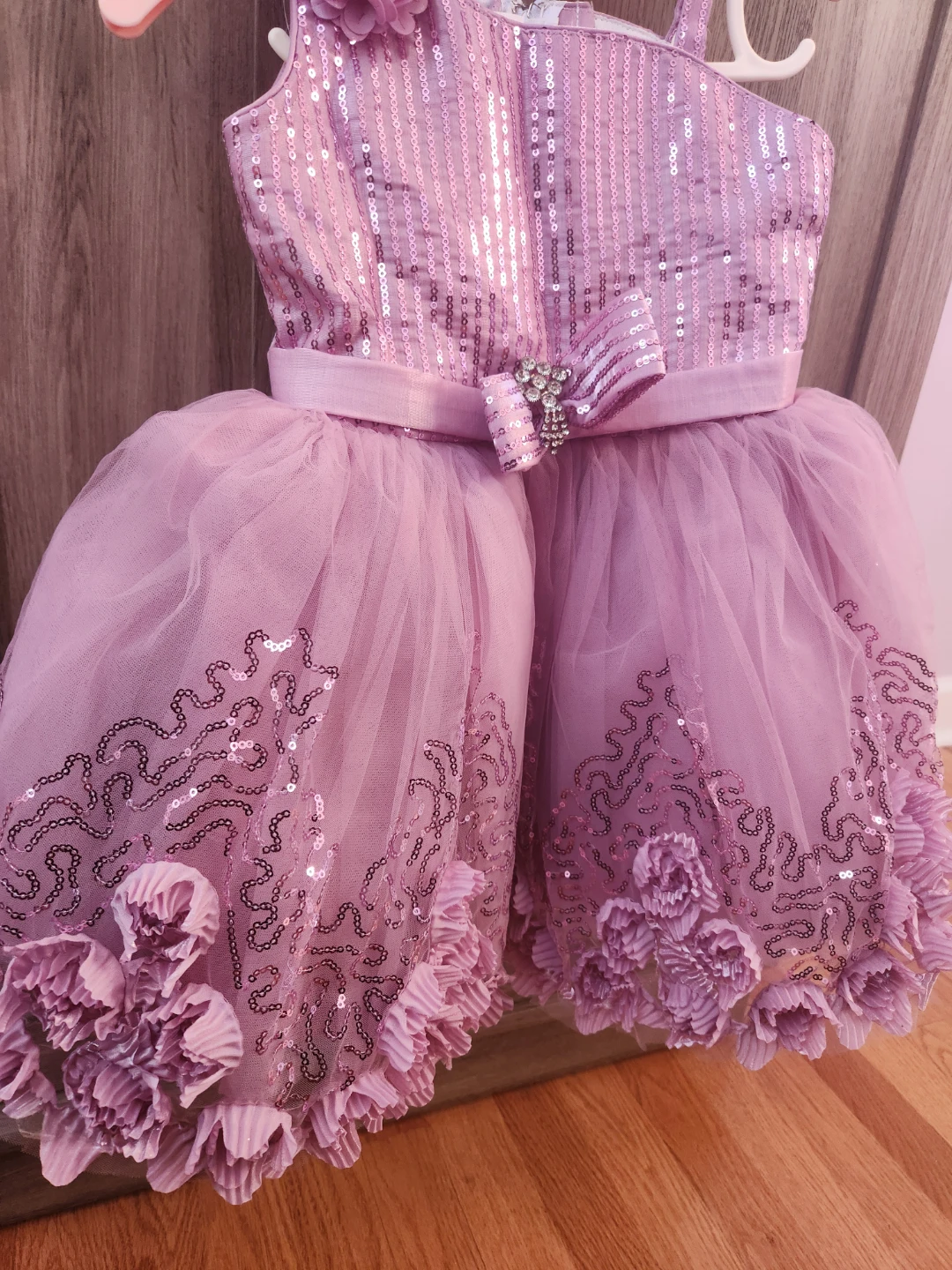 Pink Sequin Tulle Dress with Flower Trim