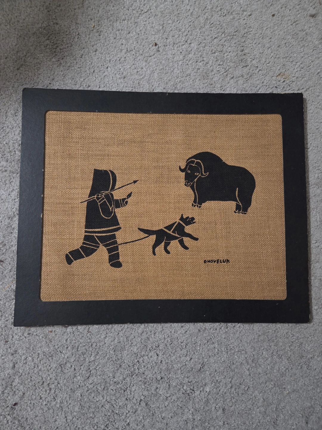 Vintage Mona Ohoveluk Inuit Art Stencil on Burlap, 1970s 15x12"