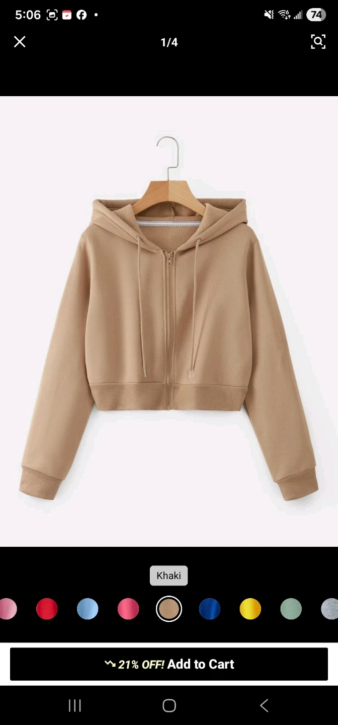 Cropped Zip-Up Hoodie - Khaki / Tan - Size S - photo 3