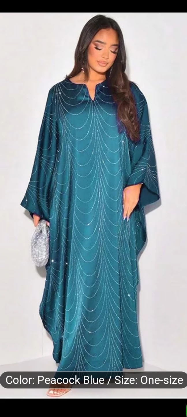 Peacock Blue One-Size Kaftan Dress with Rhinestone Detail