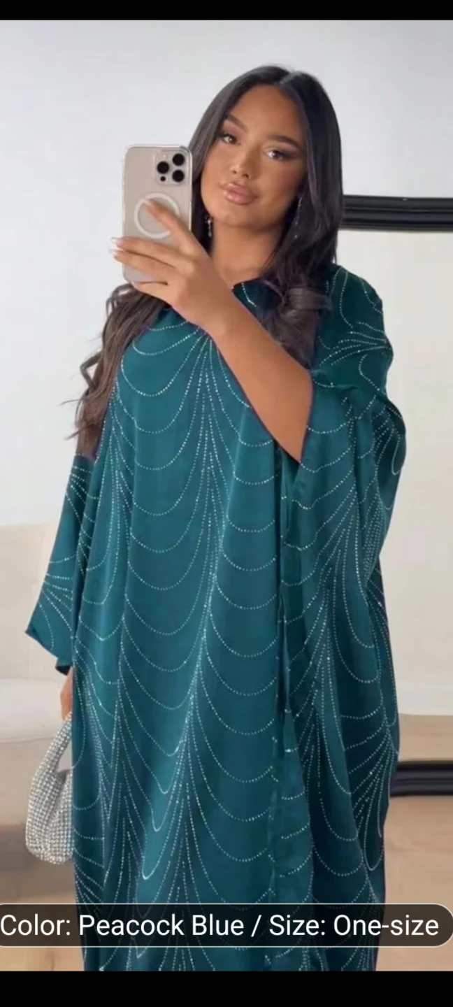 Peacock Blue One-Size Kaftan Dress with Rhinestone Detail - photo 2