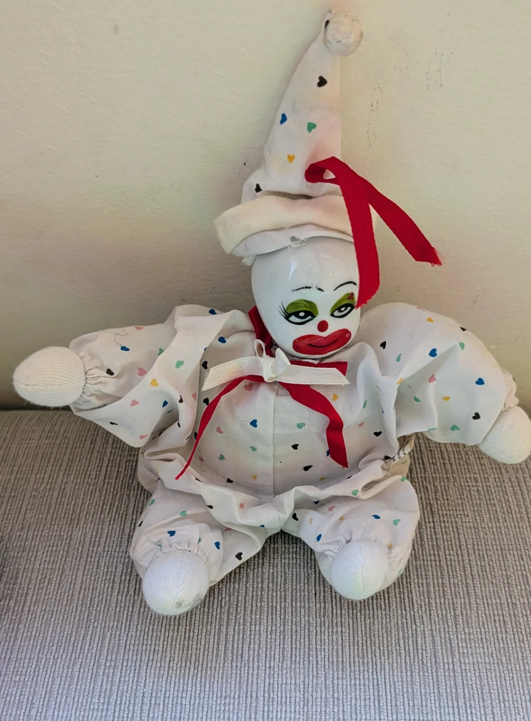 Vintage Porcelain Clown Doll (White Outfit with Hearts)