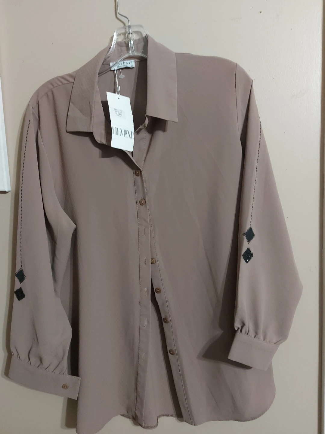 Hempn Beige Button-Up Shirt with Embellished Sleeves