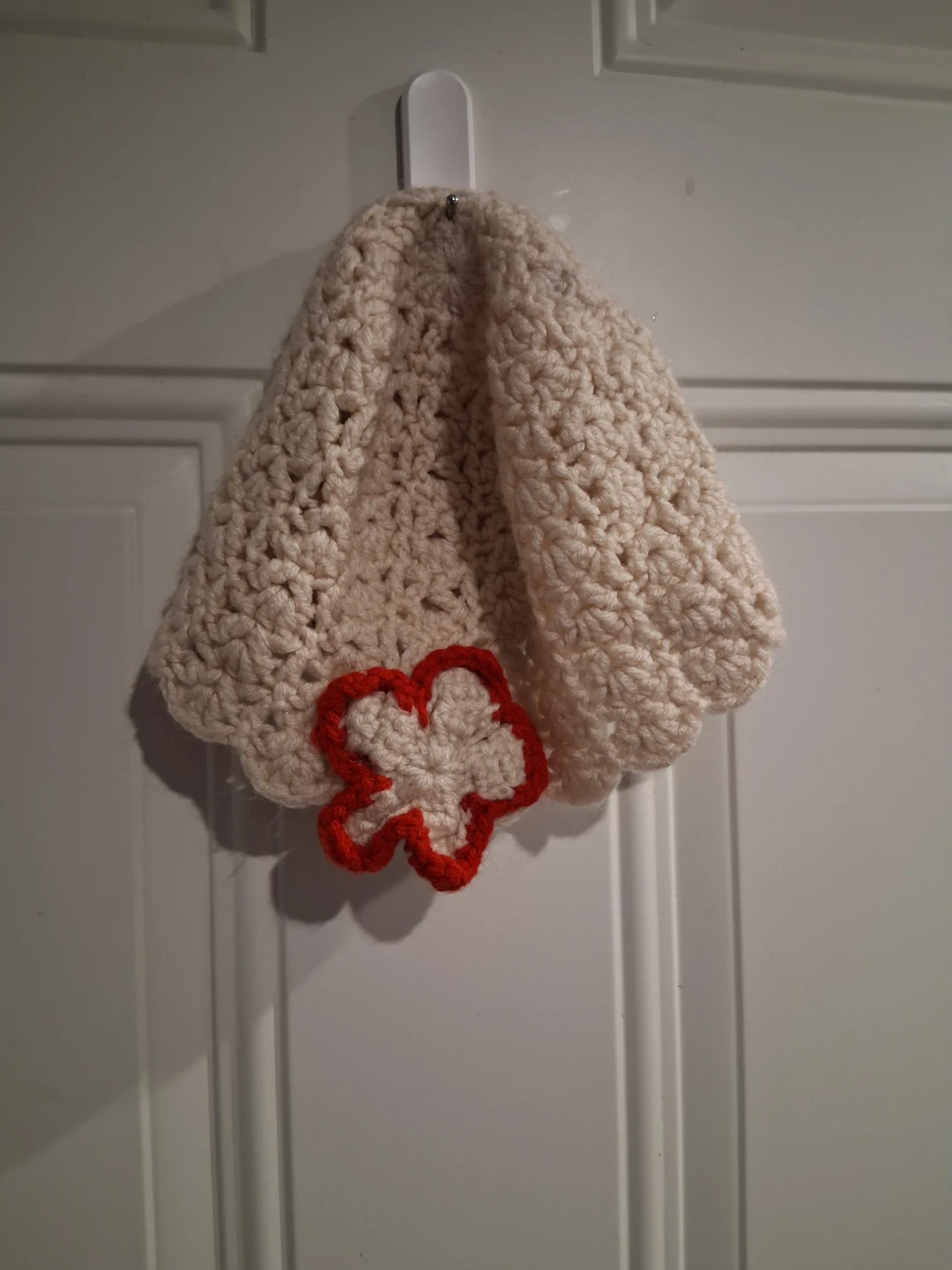 Handmade Crocheted Towel Topper with Red Flower Accent