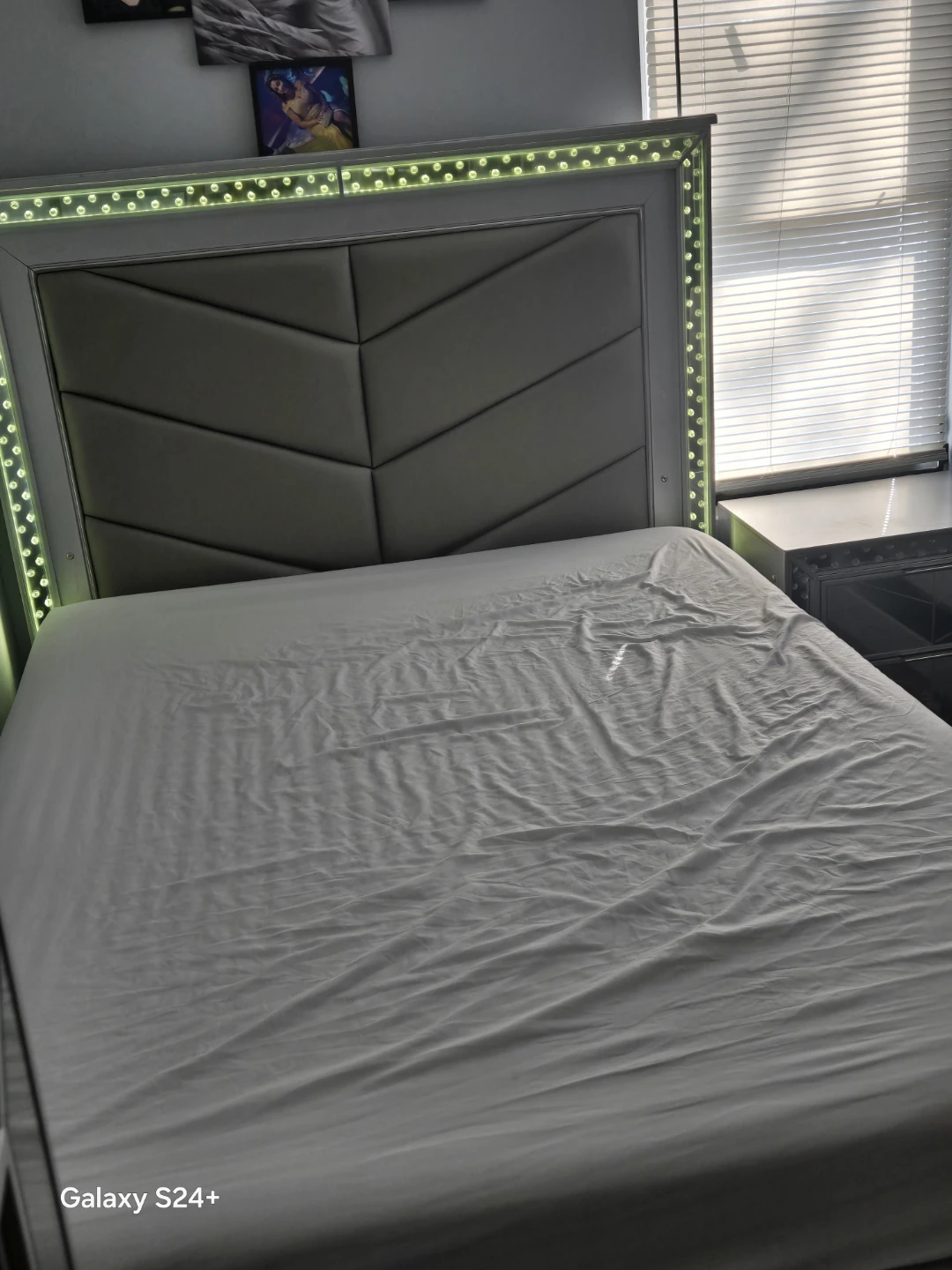Gray Upholstered Headboard Bed Frame with LED Lights - photo 4