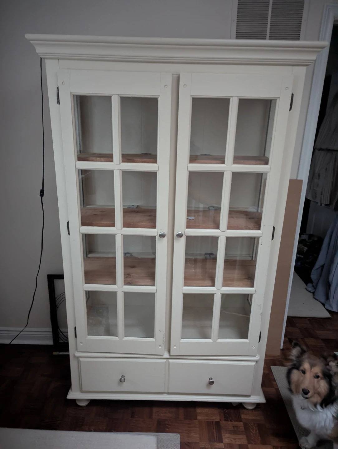 Cream coloured Display Cabinet with Glass Doors and Drawers