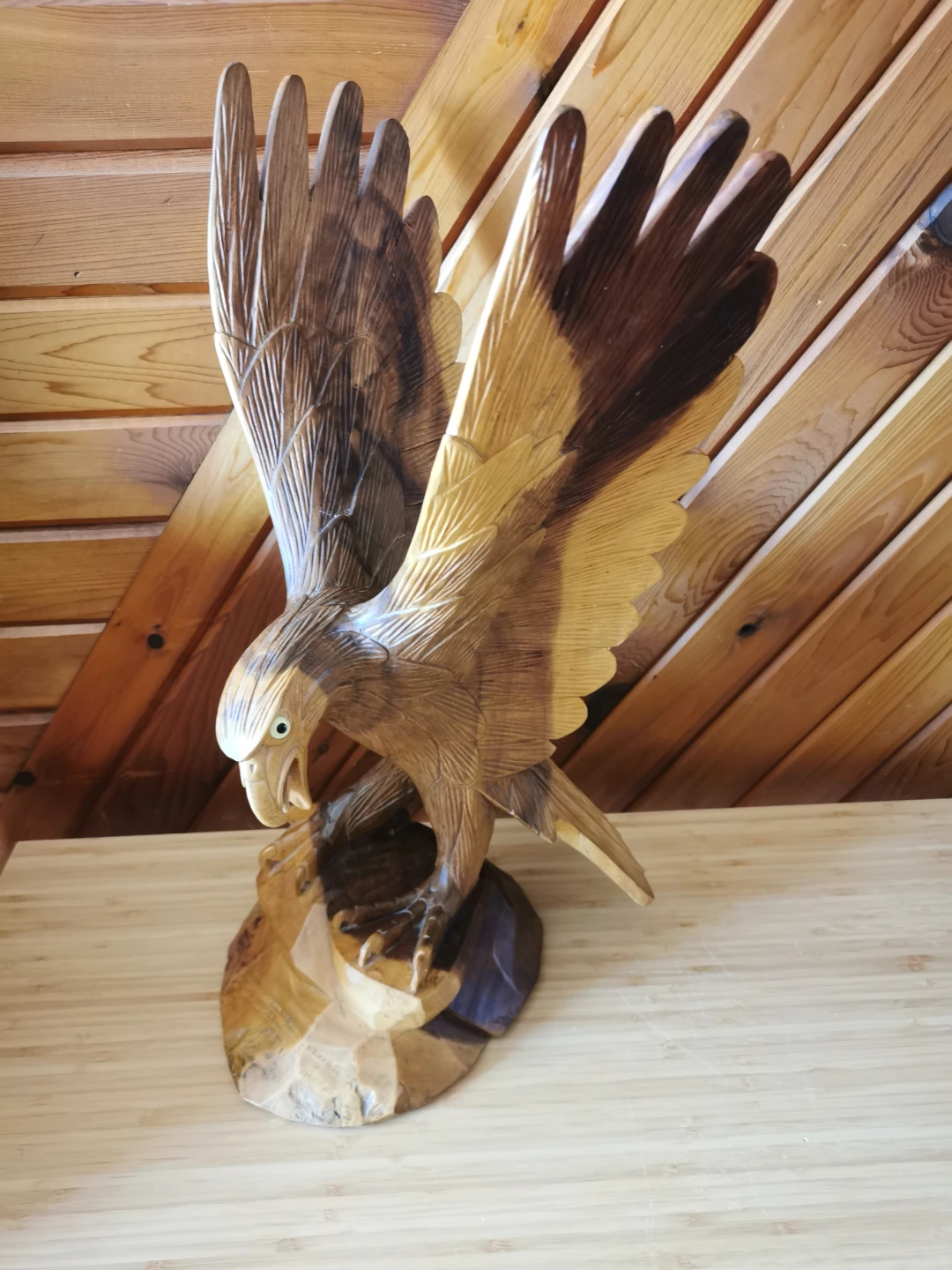 Vintage Hand Carved Wooden Eagle Tall Sculpture Glass Eyes - photo 2