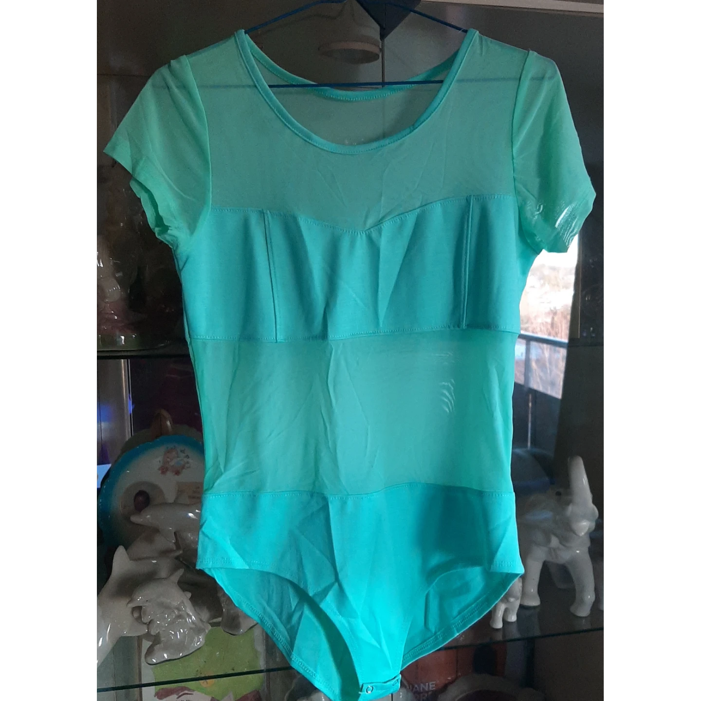 2pc Set Teal Mesh Short Sleeve Bodysuit With Acid Wash Jeans - photo 4