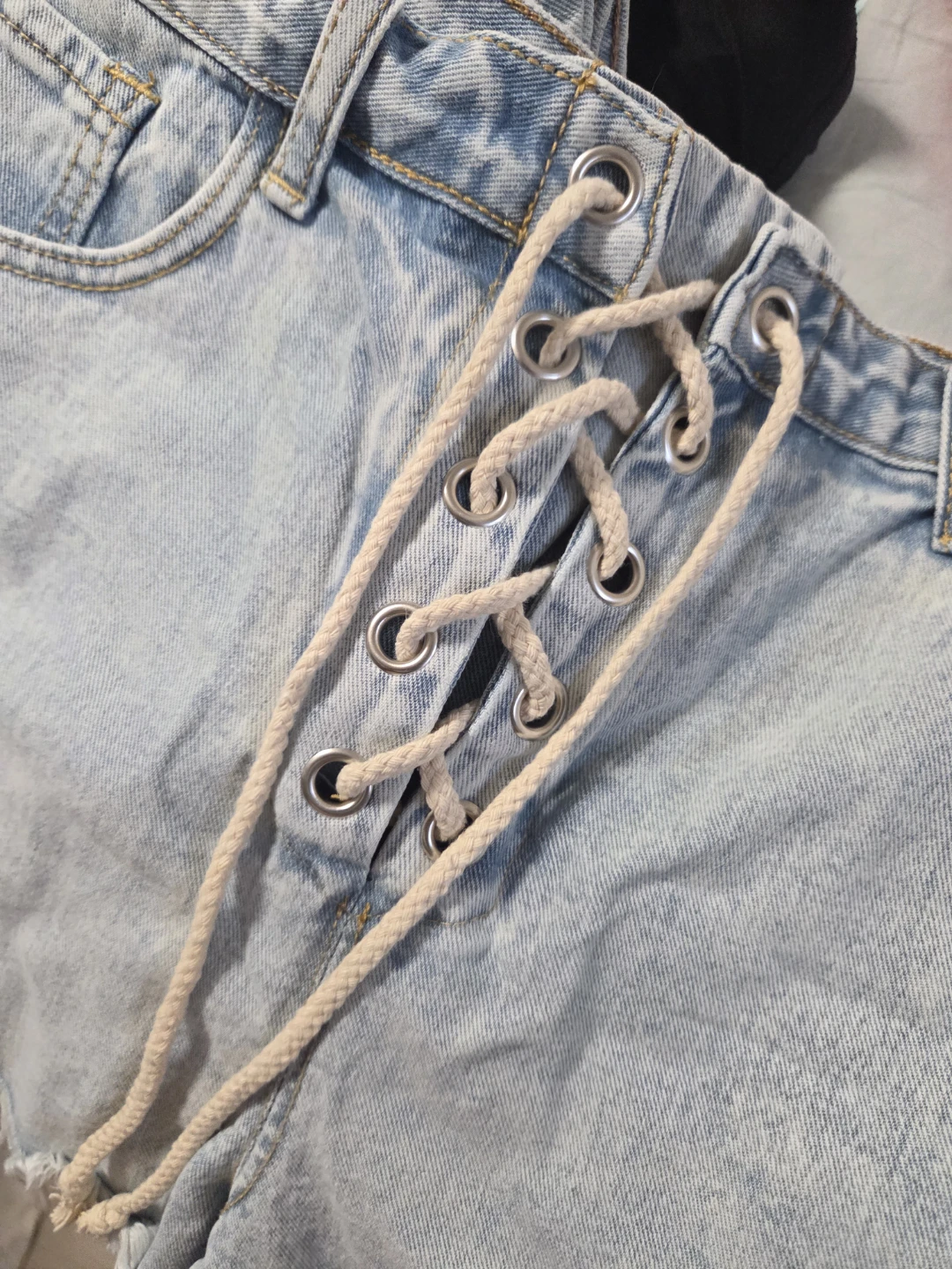 Light Wash Denim Shorts with Lace-Up Front