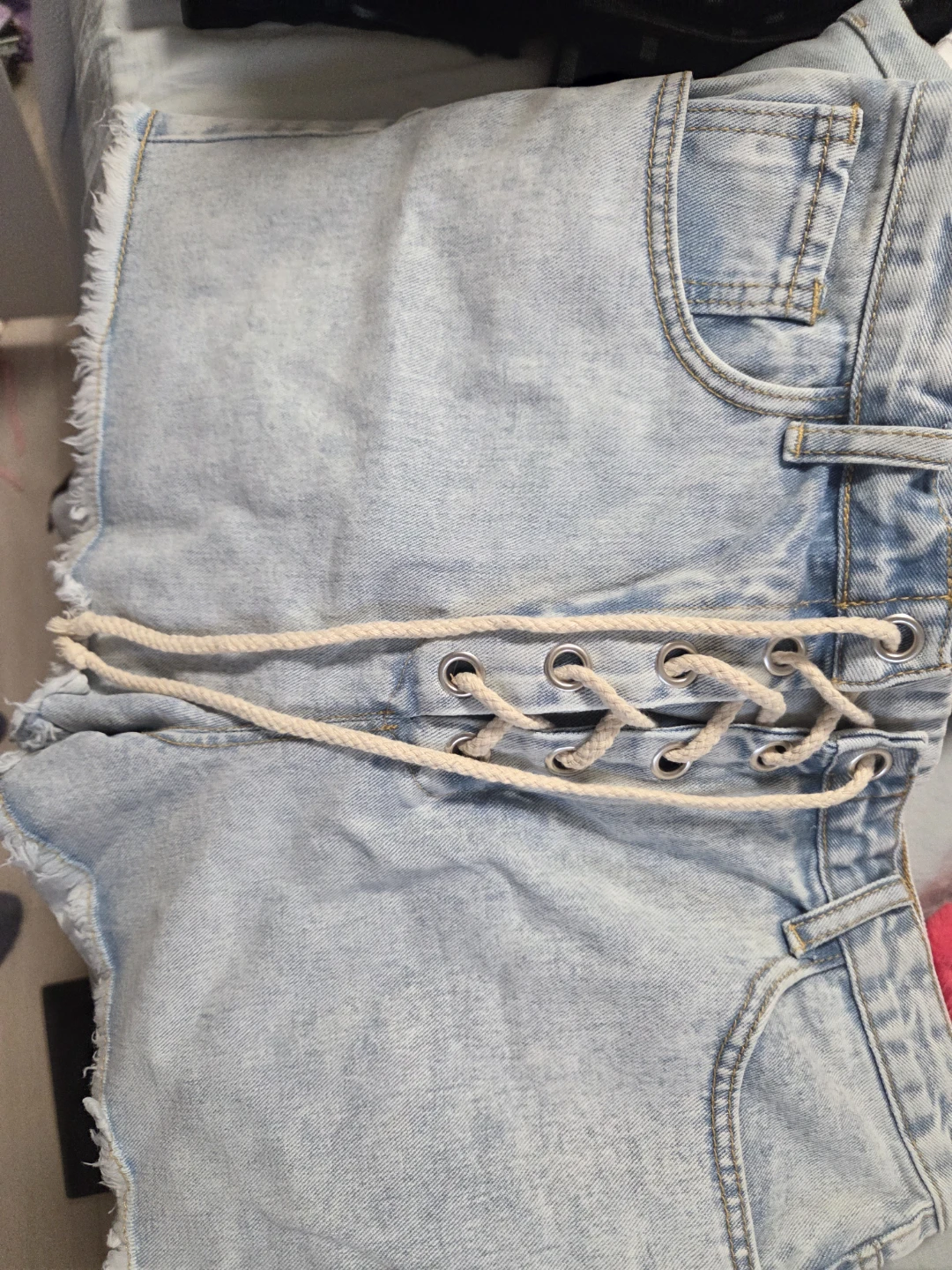 Light Wash Denim Shorts with Lace-Up Front - photo 2