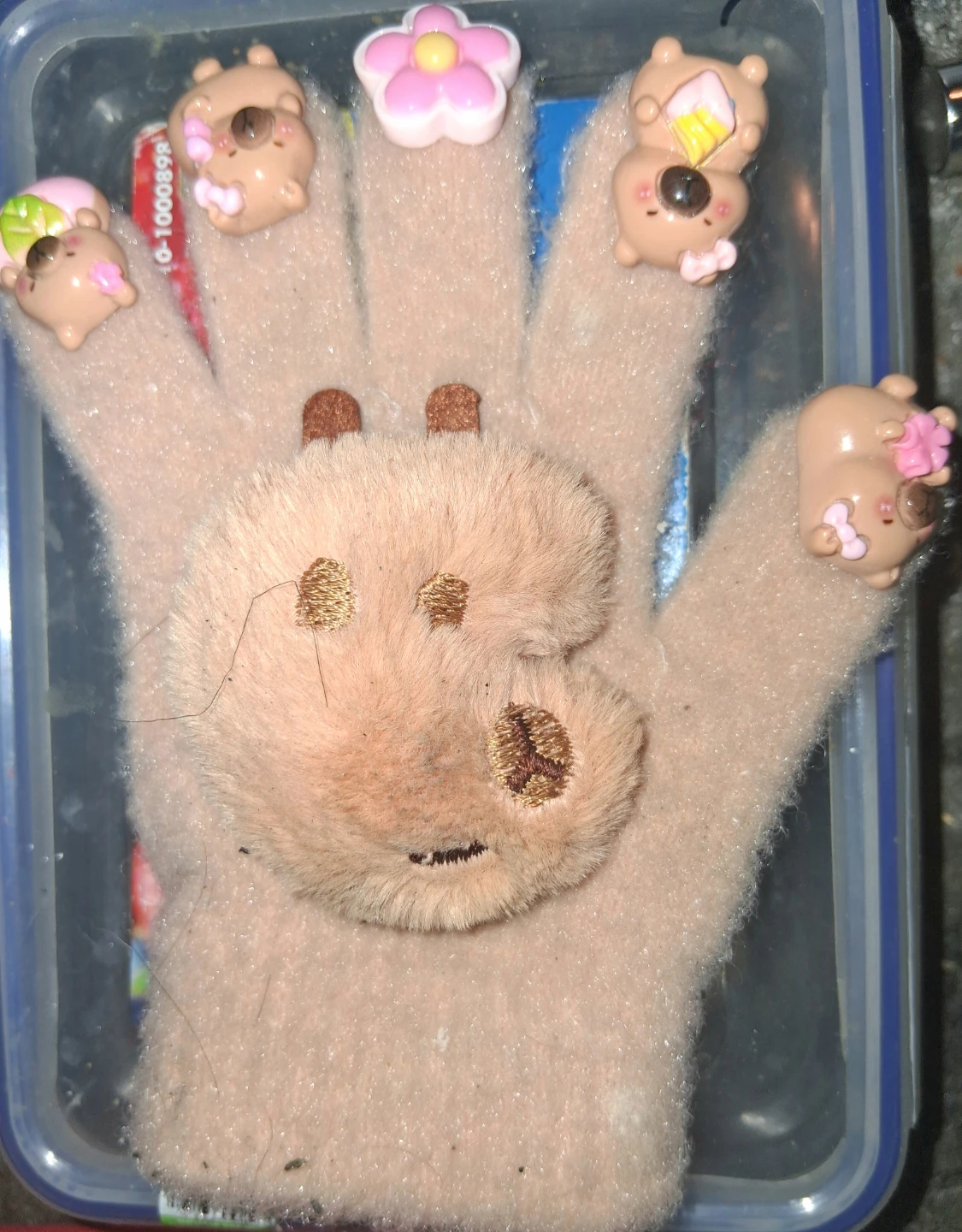 Left Fuzzy Pink Glove with Animal Charms
