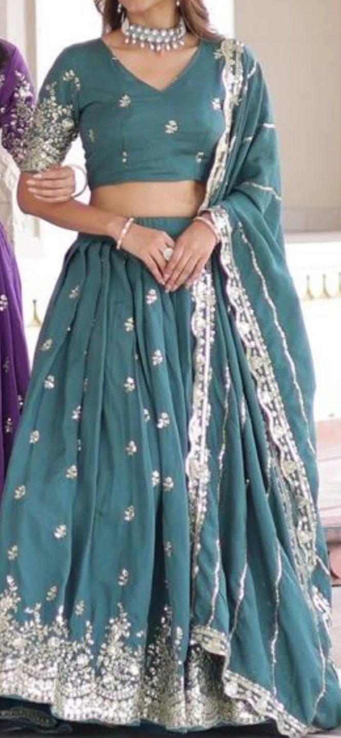 Teal Embroidered Lehenga Choli with Dupatta - photo 2