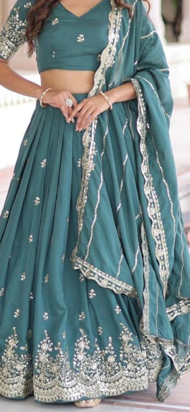Teal Embroidered Lehenga Choli with Dupatta - photo 3