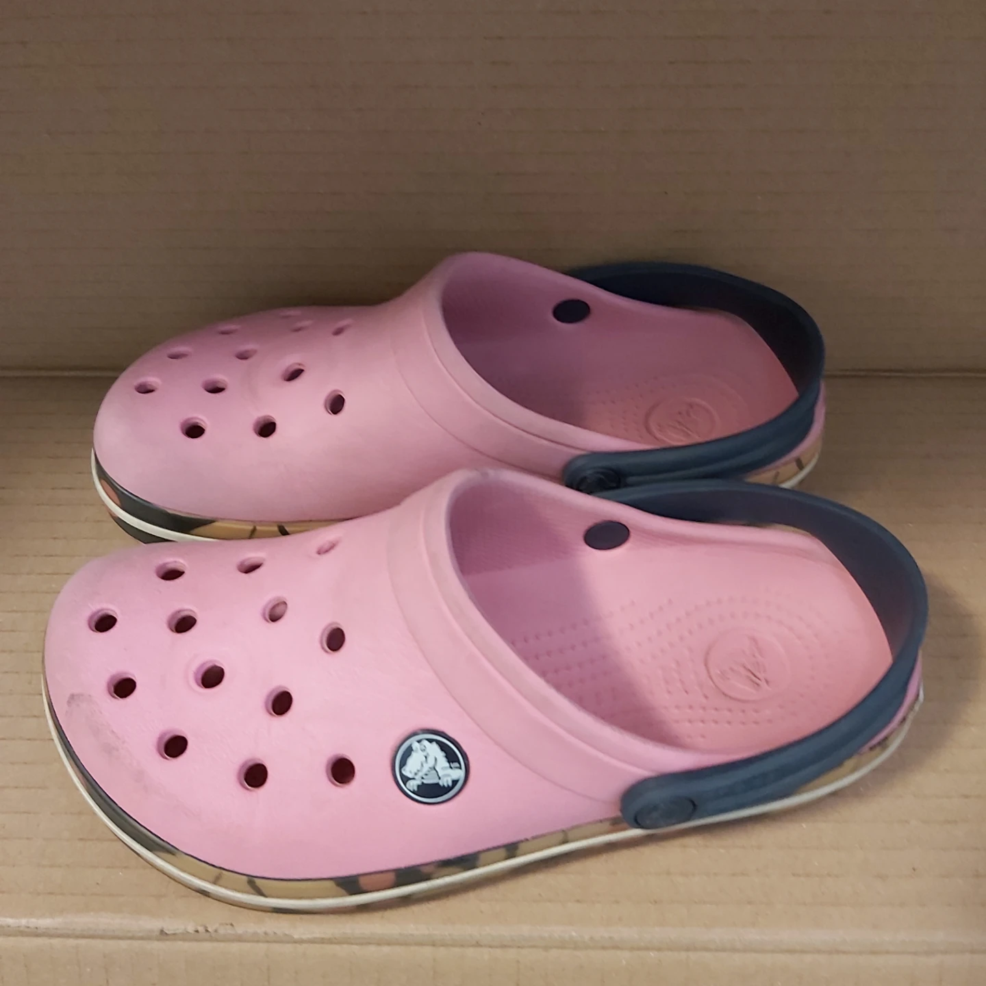 Children's Size 12 Pink Crocs with Grey Straps