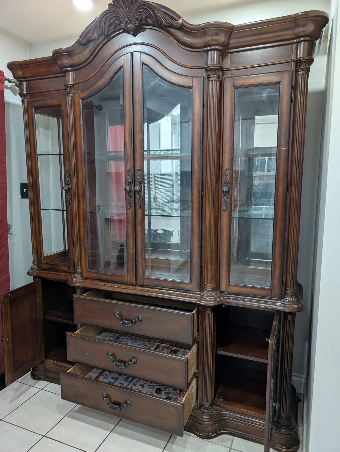 Wooden China Cabinet with Glass Doors and Drawers