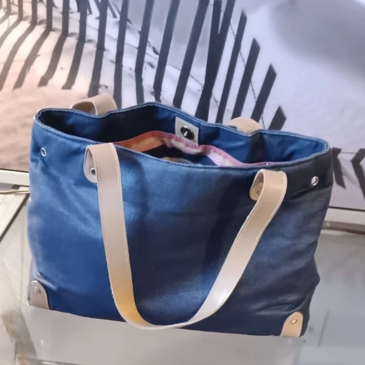Blue Tote Bag with Tan Straps