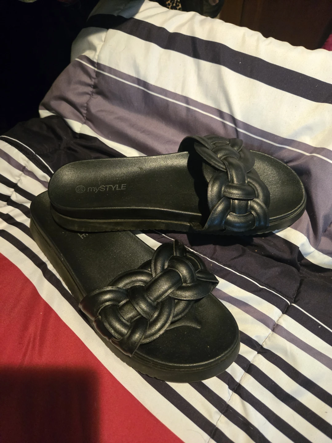Black MyStyle Slide Sandals and Silver Michael & Gordons Heels