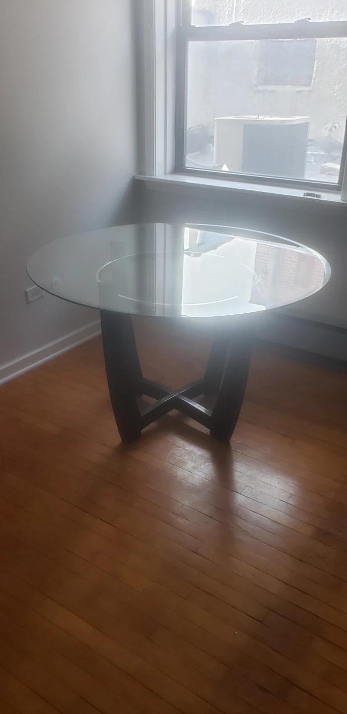 Round Glass Top Dining Table with Dark Wood Base