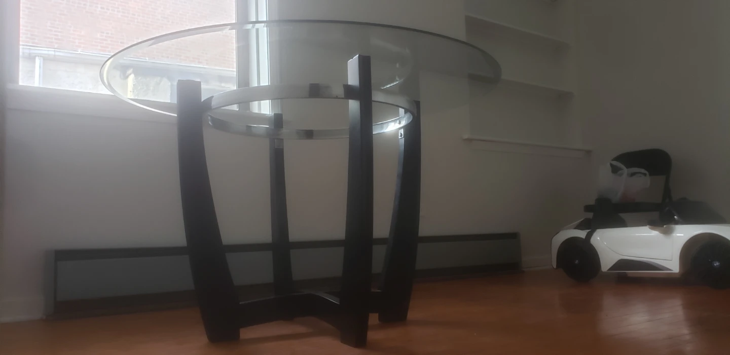Round Glass Top Dining Table with Dark Wood Base - photo 5