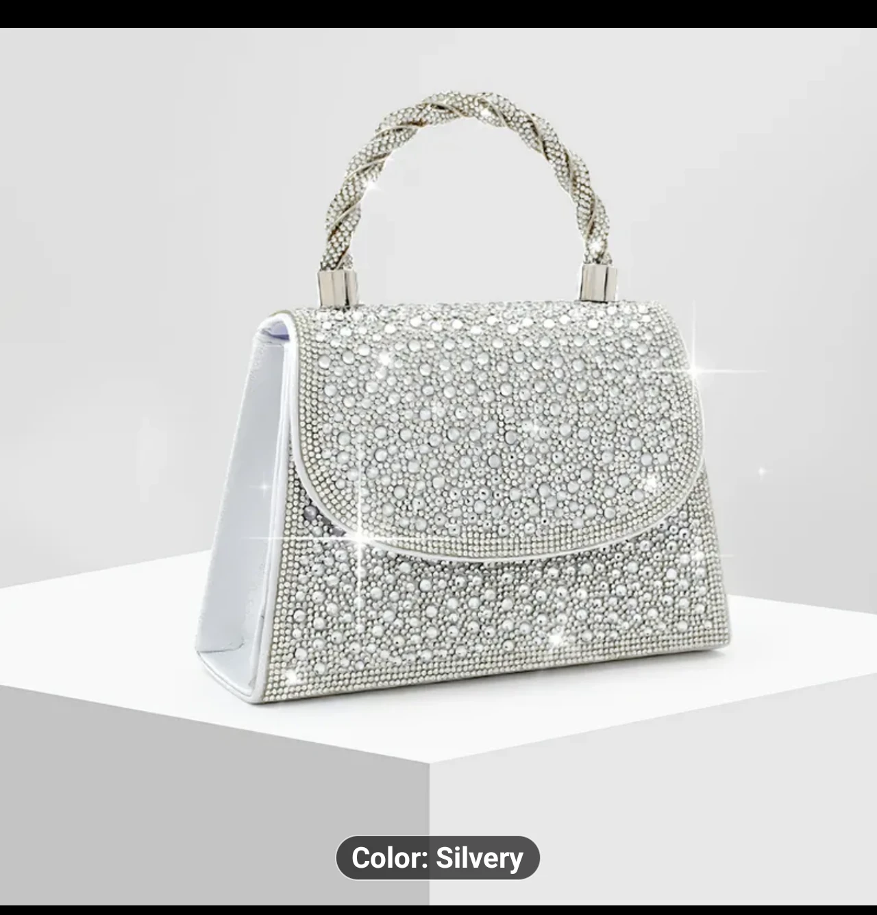 Silver Rhinestone Clutch Handbag with Chain Strap