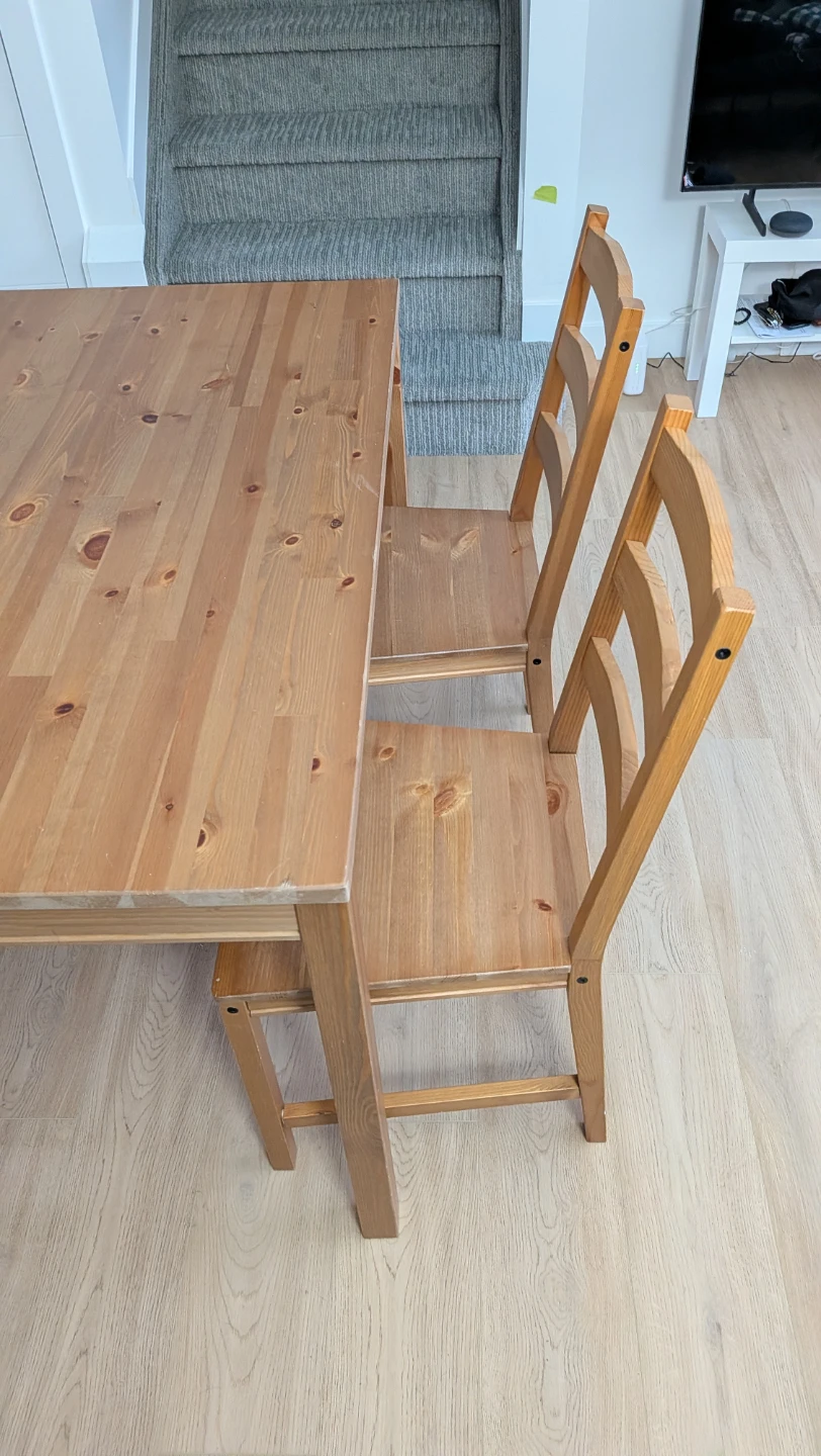 IKEA pine dining table and four chairs