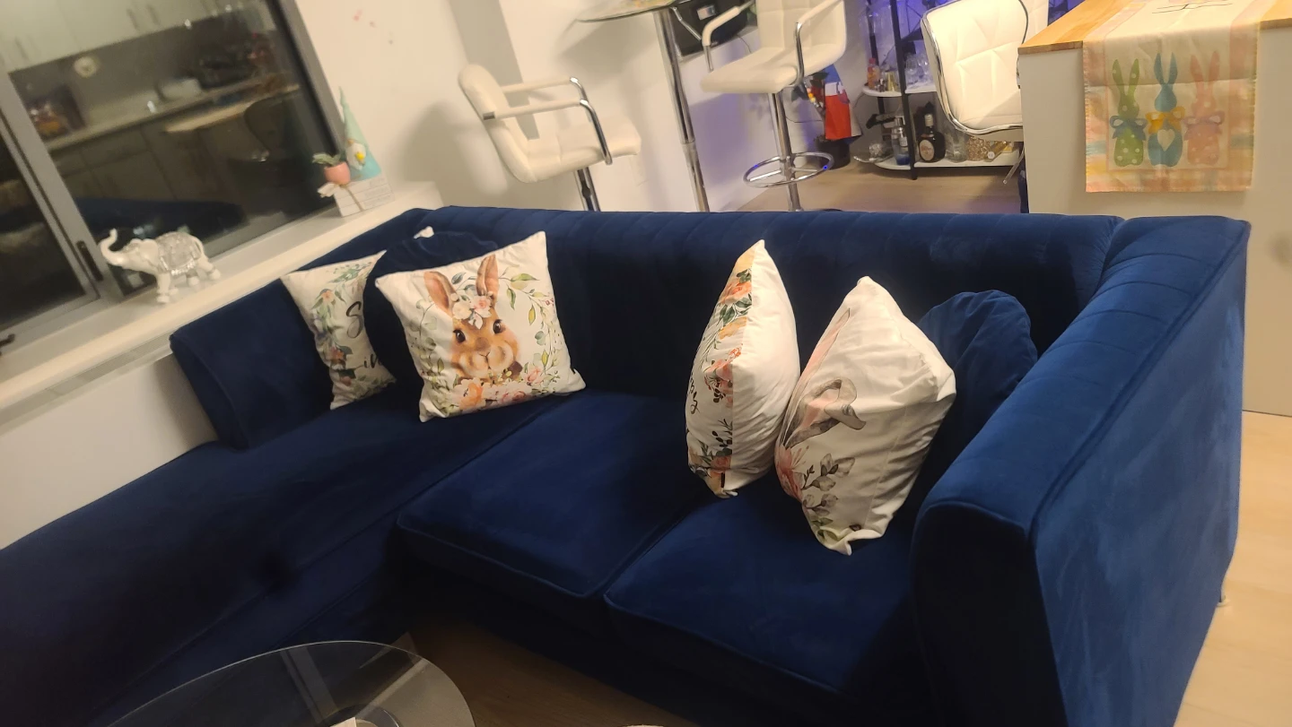 Blue Velvet Sectional Sofa with Decorative Pillows