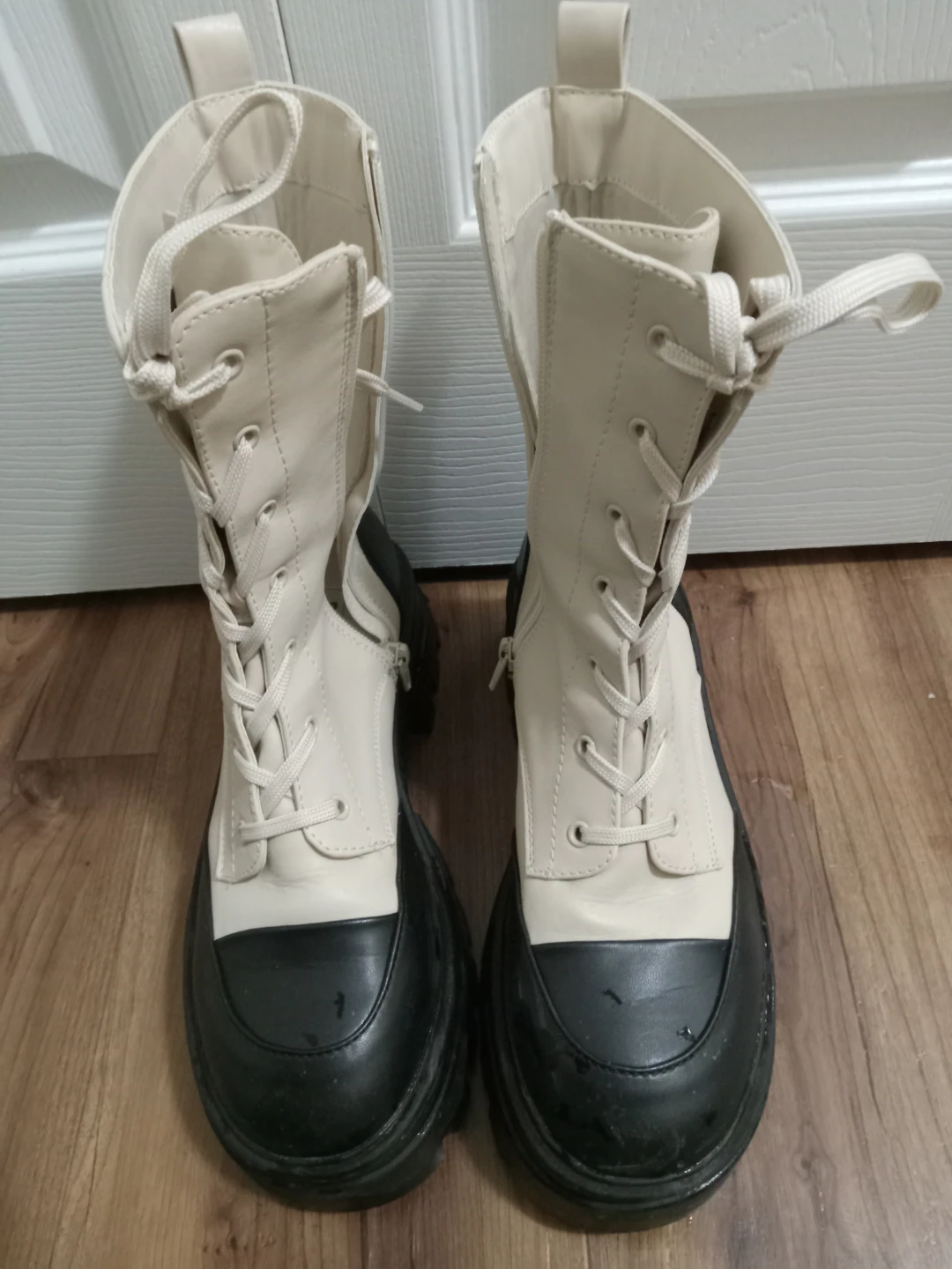 Cream and Black Platform Combat Boots