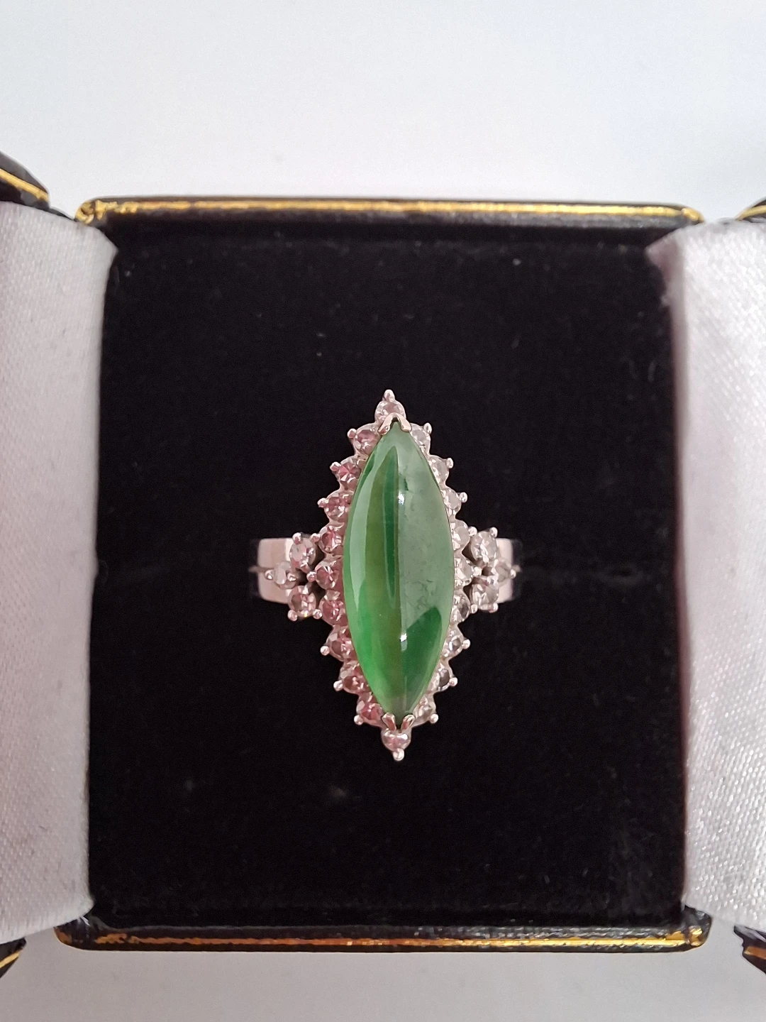 Vintage 18K White Gold Jadeite and Diamond Halo Statement Ring