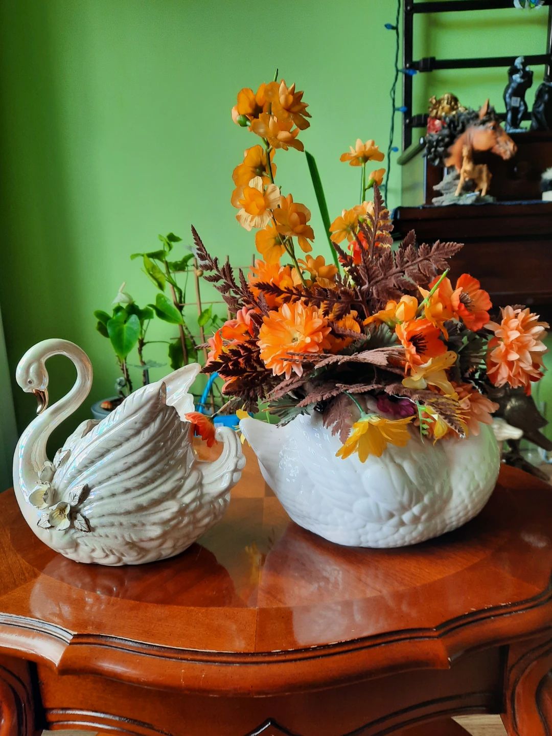Pair of Ceramic Swan Vases with Faux Flowers - photo 2