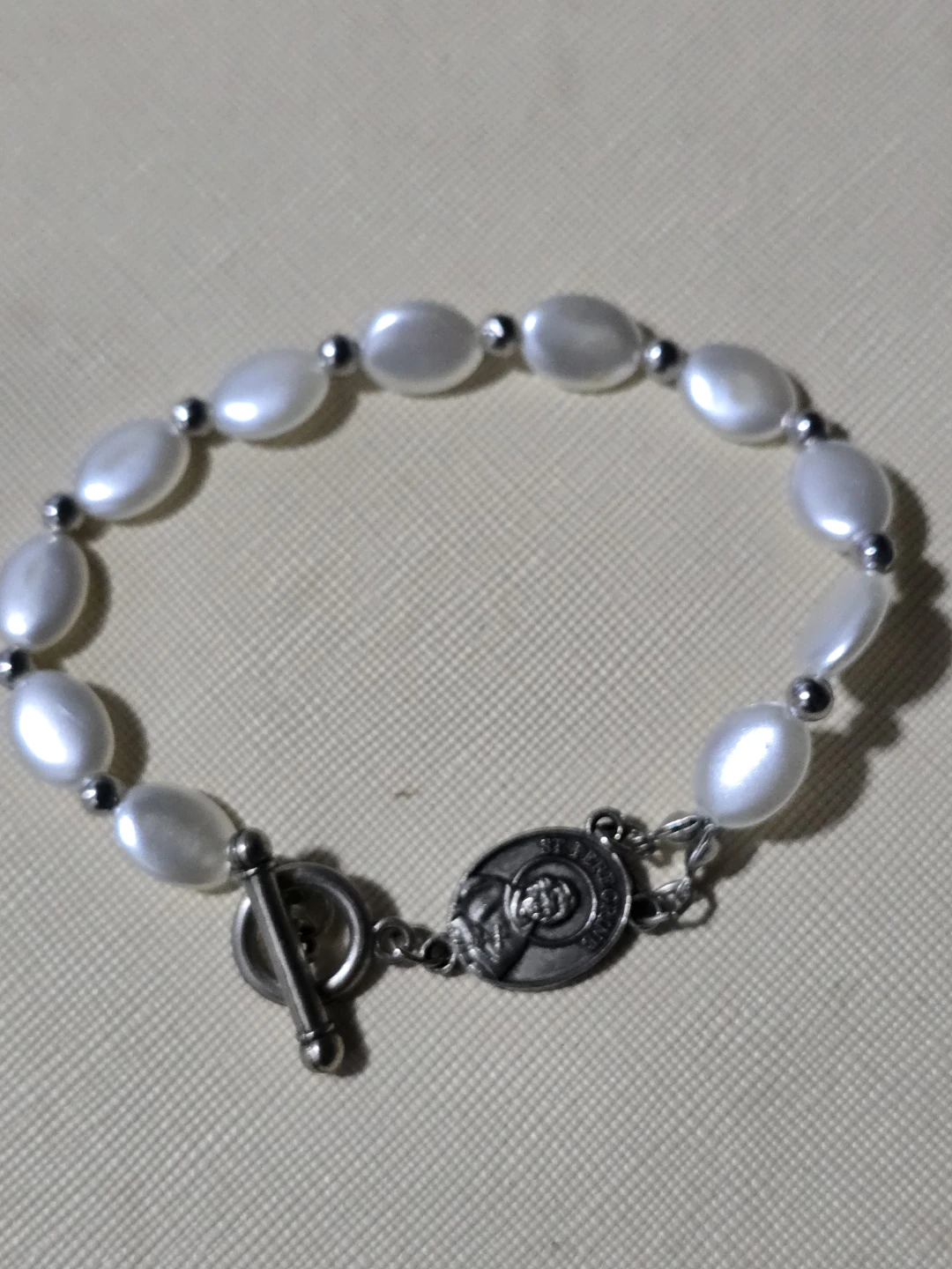Pearl Bead Bracelet with St. Christopher Medal