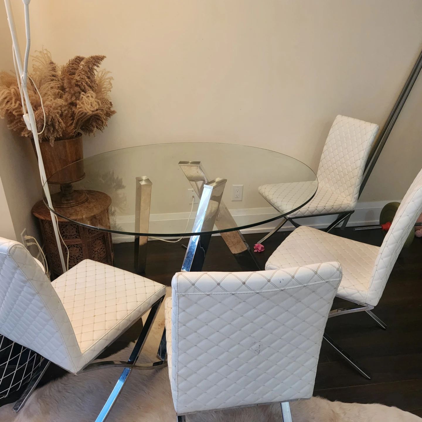 Glass Dining Table with 4 White Chairs