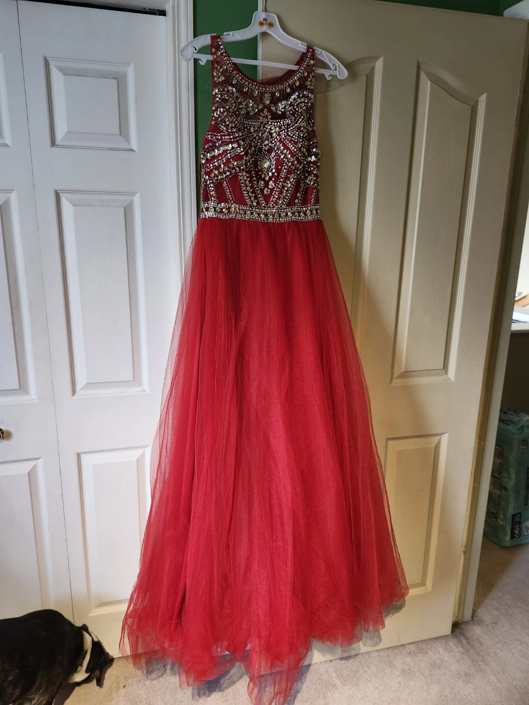 Red Beaded Embellished Tulle Gown