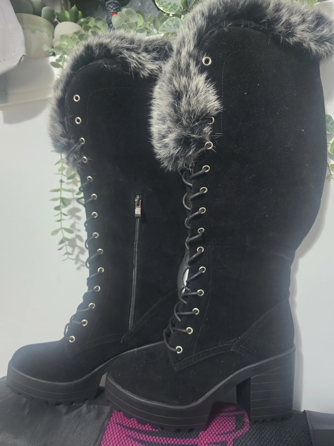 Black Faux Suede Lace-Up Boots with Faux Fur Trim