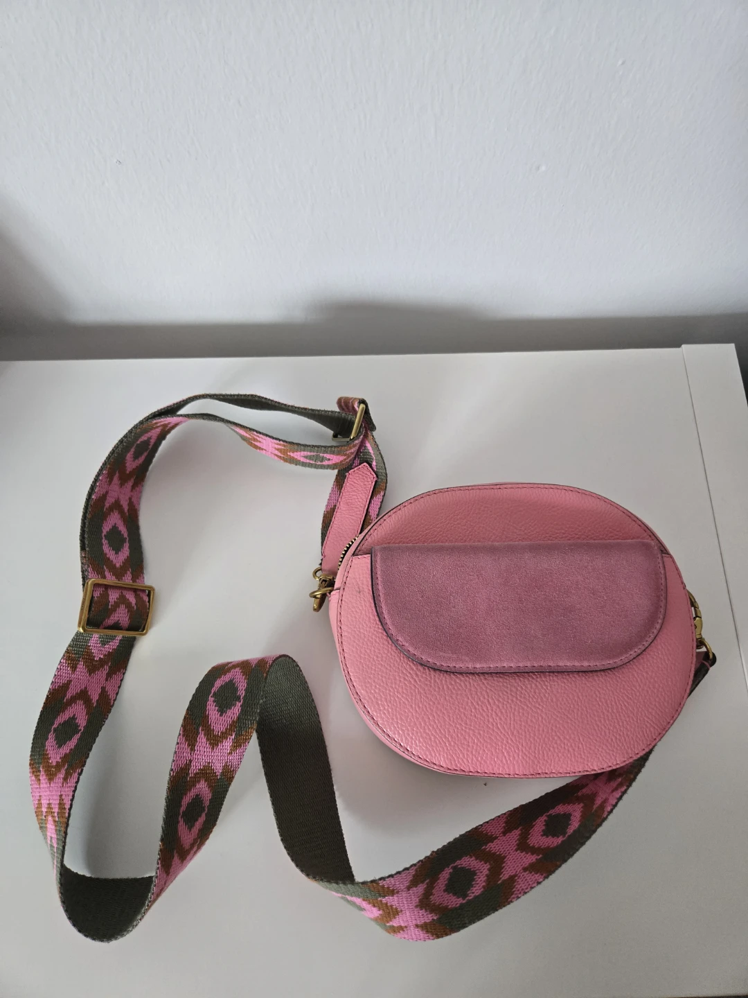 Fossil Pink Faux Leather Crossbody Bag with Patterned Strap