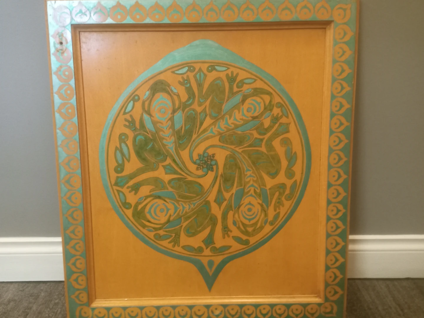 Vintage Wood Tray with Frogs and Floral Design