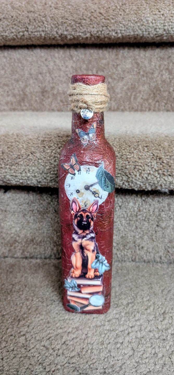 Decorative Bottle with German Shepherd and Clock Design