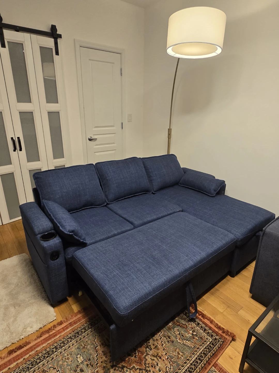 Blue Sectional Sofa Bed with Storage and Cup Holders