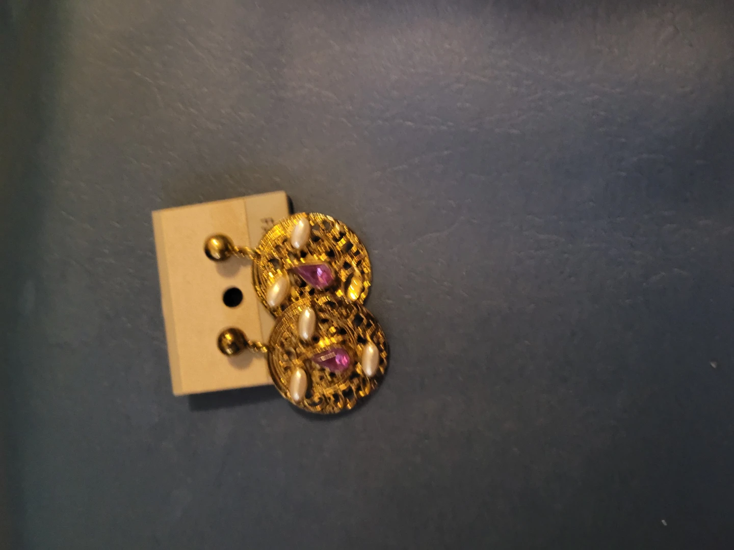 Gold Tone Dangle Earrings with Pearls and Pink Stones