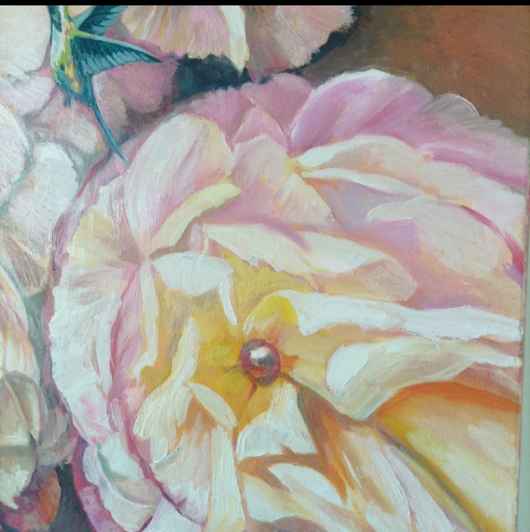 Framed Oil Painting of Peonies and Hummingbirds - photo 5