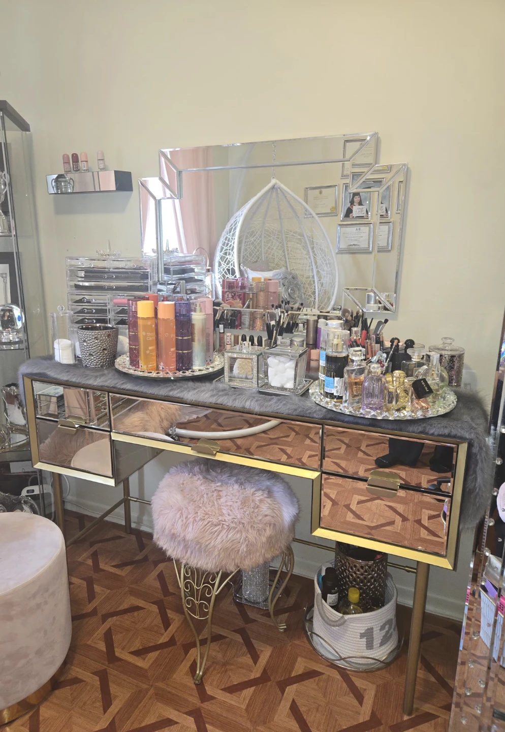 Vanity Desk with Mirrored Drawers and Stool